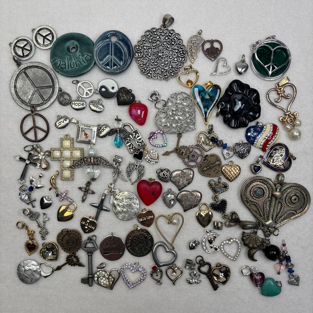 Hearts Crosses & Peace Craft Jewelry Lot - 90+ Pendants Charms